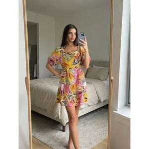 Tropical Resort Mini Dress Large Colorful Smocked Cotton Puff Sleeve Boho Summer
